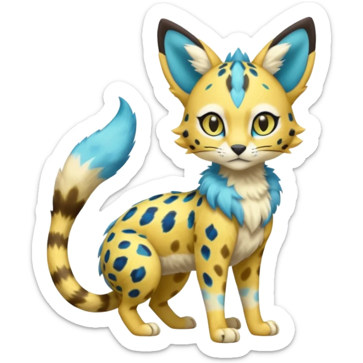Colorful Yellow Meloetta-Sergal-Serval-Genet-Pokémon-Digimon-Fakémon-fusion-hybrid-creature with Cyan stripes and blue leopard-spot-markings  sticker