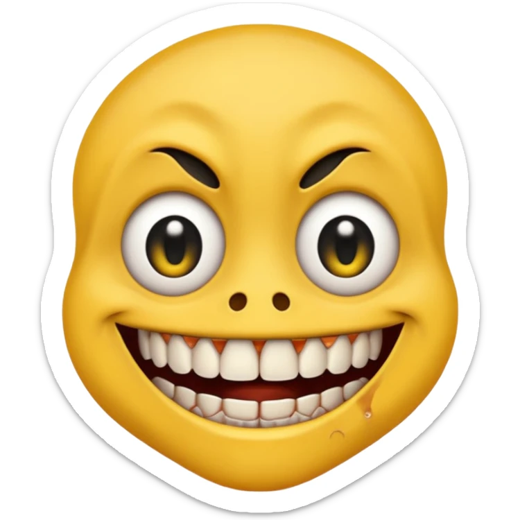 Yellow face emoji with only two teeth white and the rest of the teeth black and rotten, scars on the face and eyes wide with black pupils sticker
