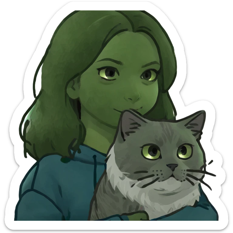 Brunette girl with dark blue sweatshirt holding a fluffy grey Siberian cat sticker