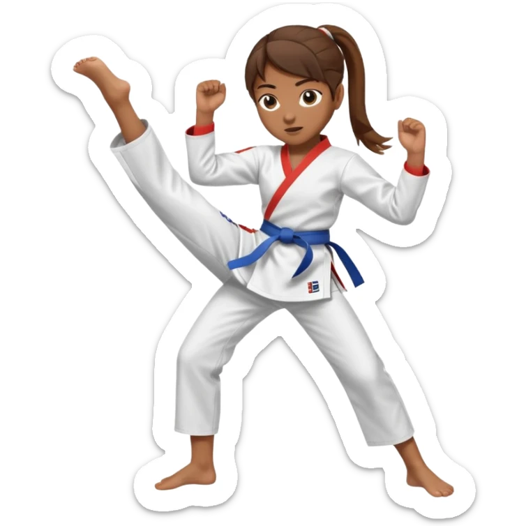 brown-skinned girl with brown hair in a ponytail giving a high taekwondo kick sticker