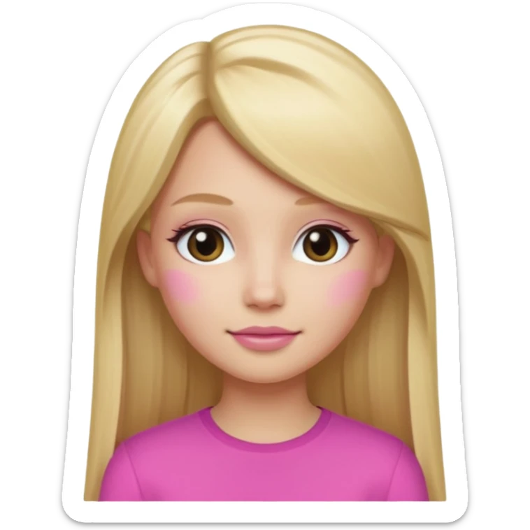 a blonde girl with long straight hair, pretty face, light day makeup wearing pink memoji sticker