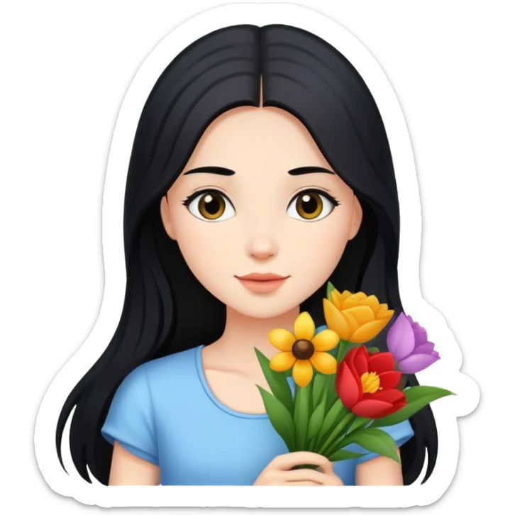beautiful girl with long black hair holding a bouquet of flowers sticker