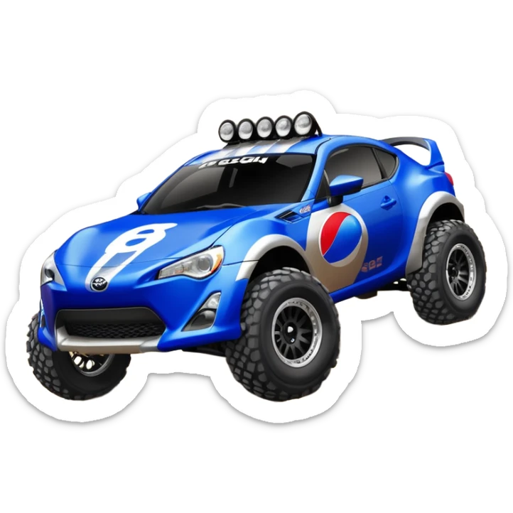 Dirty raced jacked 2013 scion fr-s ultramarine off road 4wd monster Baja dessert stadium racer number 86 with long travel suspension, shiny silver wheels, exaggerated black fender flares sponsored by Pepsi  sticker