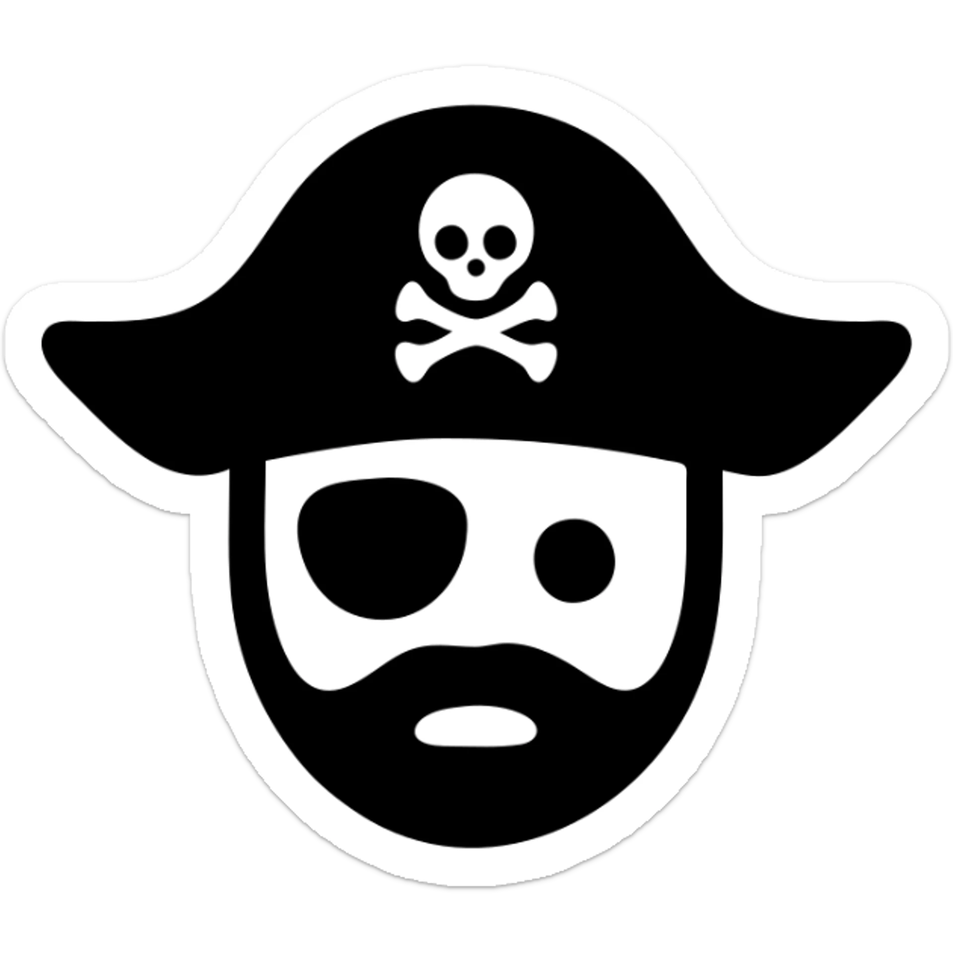 Change the swords and the pirate head to green. Ensure the background behind the swords and the head is pure white and hollow, with no black fill or shadow. Keep the hat black with the small skull-and-crossbones symbol. Maintain the clean, bold icon style. sticker