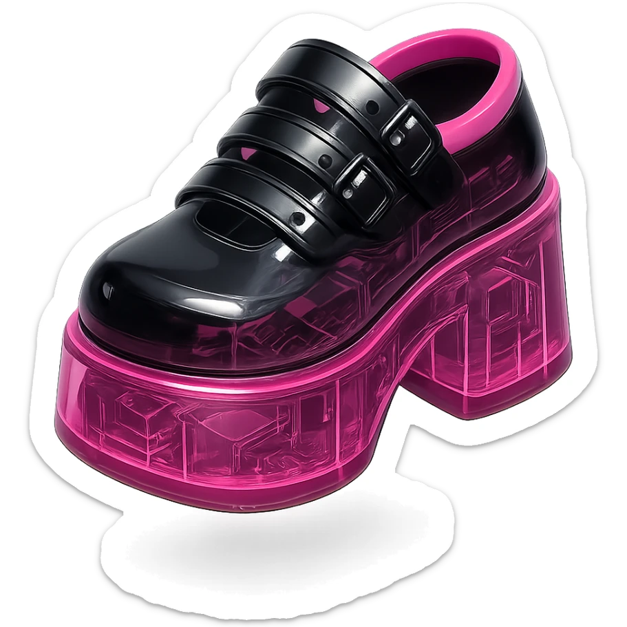 BLACKPINK-inspired gothic shoes, no hearts, shiny and futuristic, black and pink sticker