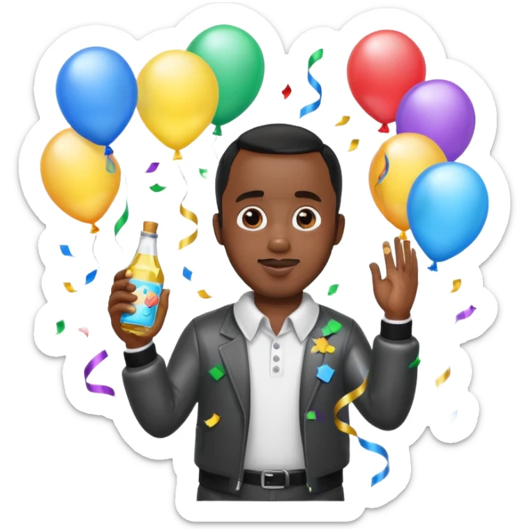 Diddy holding baby oil at a party with balloons and confetti and banners sticker