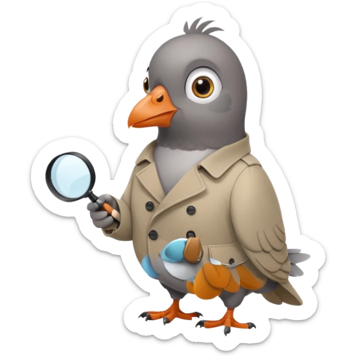 a cartoon pigeon with a trench coat and magnifying glass, looking sneaky sticker