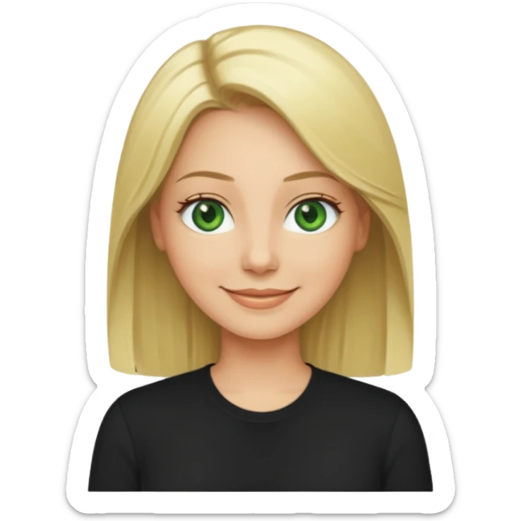 40 yr old blonde straight hair green eyes black shirt smiling sticker