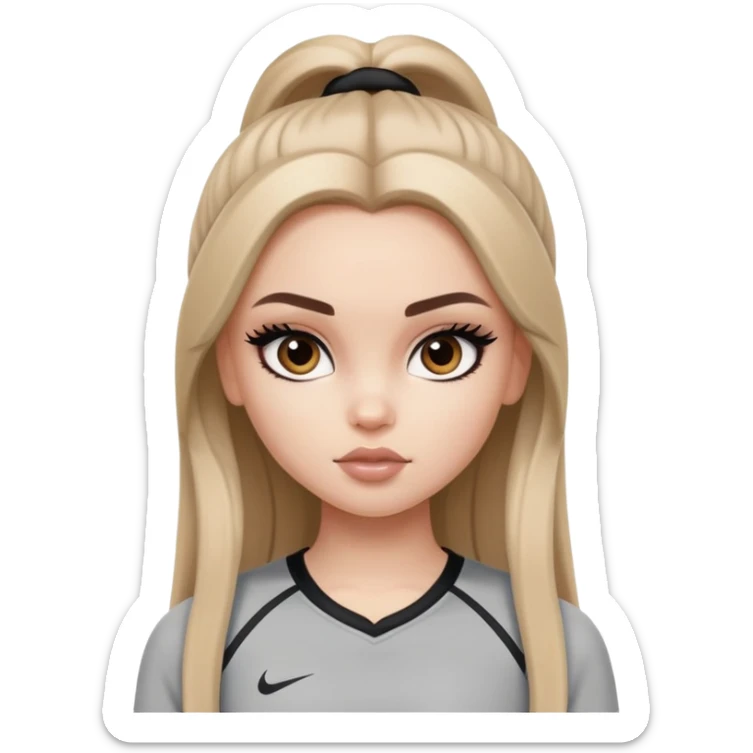 pretty bratz girl, long dark blonde hair, brown eyes, black eyeliner, pale skin, athletic clothes sticker