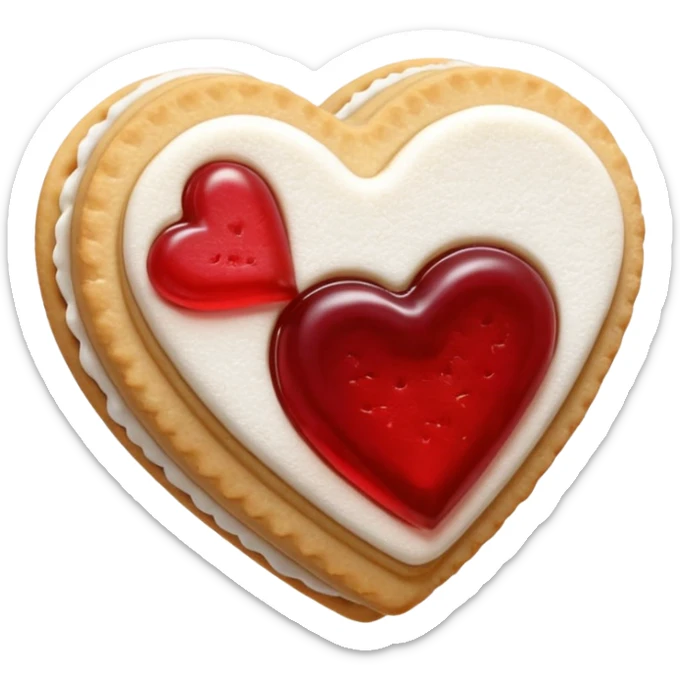 Realistic shortbread cookie in the shape of a heart with red jelly middle filling and sprinkled powder sugar on top. sticker
