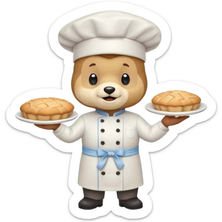 quiero un oso de pie con un delantal de pastelería y un gorrito de chef que una mano tenga una manga pastelera y este feliz divertido sticker