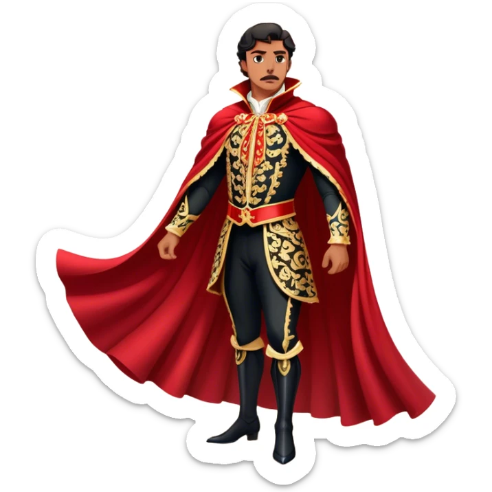 Spanish Matador – Cinematic Realistic Spanish Matador, portrayed in an ornate traje de luces with a flowing red cape, standing poised in a classic bullring with swirling dust and dramatic light, his intense expression and elegant stance capturing both bravery and artistry. sticker