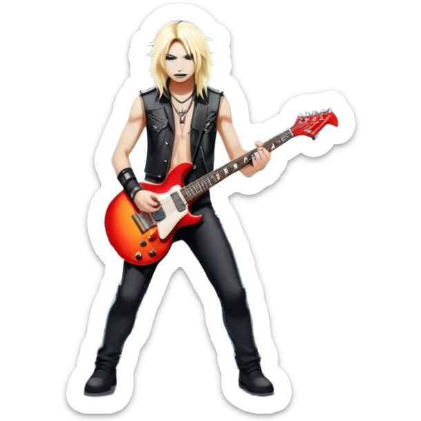 Icon for Heavy Metal: a metal band on stage, with electric guitars, drums, and a powerful vocalist. The atmosphere is intense with flashing lights, music notes, and a crowd of fans. The design should capture the energy and power of a live heavy metal performance. Transparent background. sticker