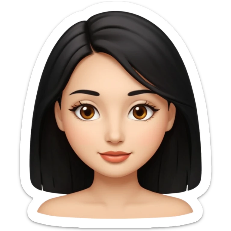 Feminine woman Softly rounded, healthy face — slightly curvy and feminine, not overweight.
Warm tan skin, brown eyes with long lashes, full glossy lips, gentle smile.
Shoulder-length black hair framing the face.
Clean, polished emoji look, soft shading, neutral background. sticker
