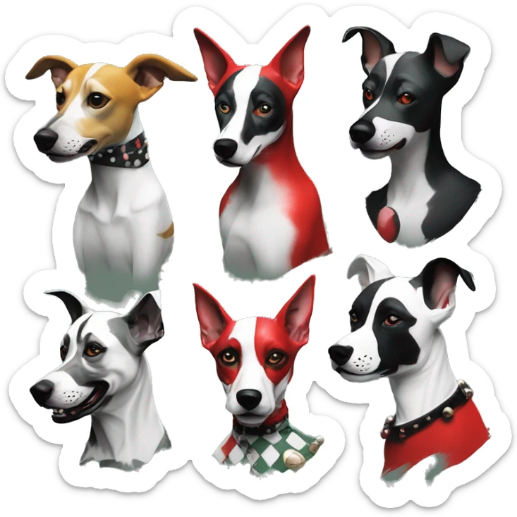 Punk dog Green gray black red punk dog joker as a dog Harley Quinn as a dog mime clown harlequin facepaint tattoos punk lurcher surrealism  sticker