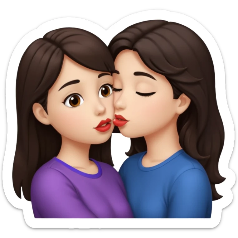 A girl kisses her friend The girls' hair color is dark brown.  sticker