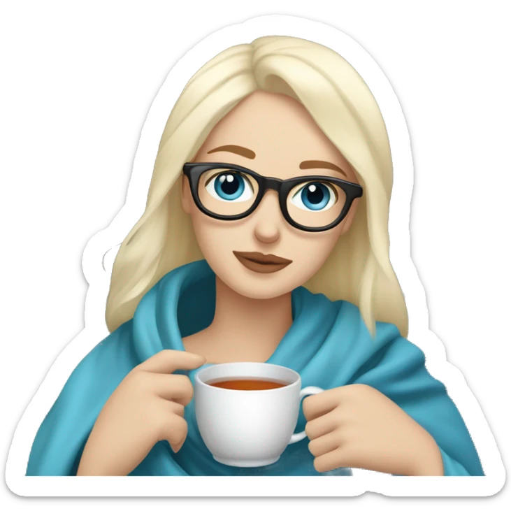 Pale blonde girl with blue eyes wearing glasses and pale man with short black hair and beard drinking tea under a blanket sticker