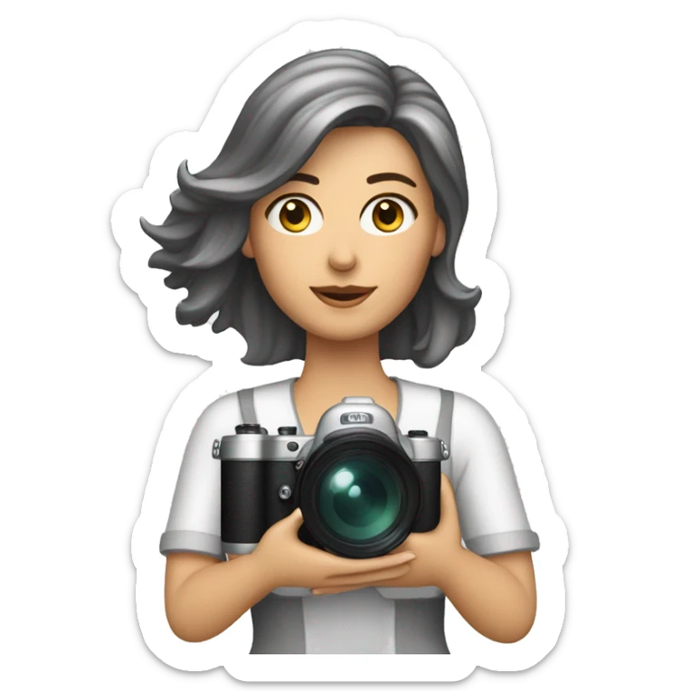 White film director woman holding a cinema camera. Change the woman to an armenian woman wil silver streaks in the front of her hair. sticker