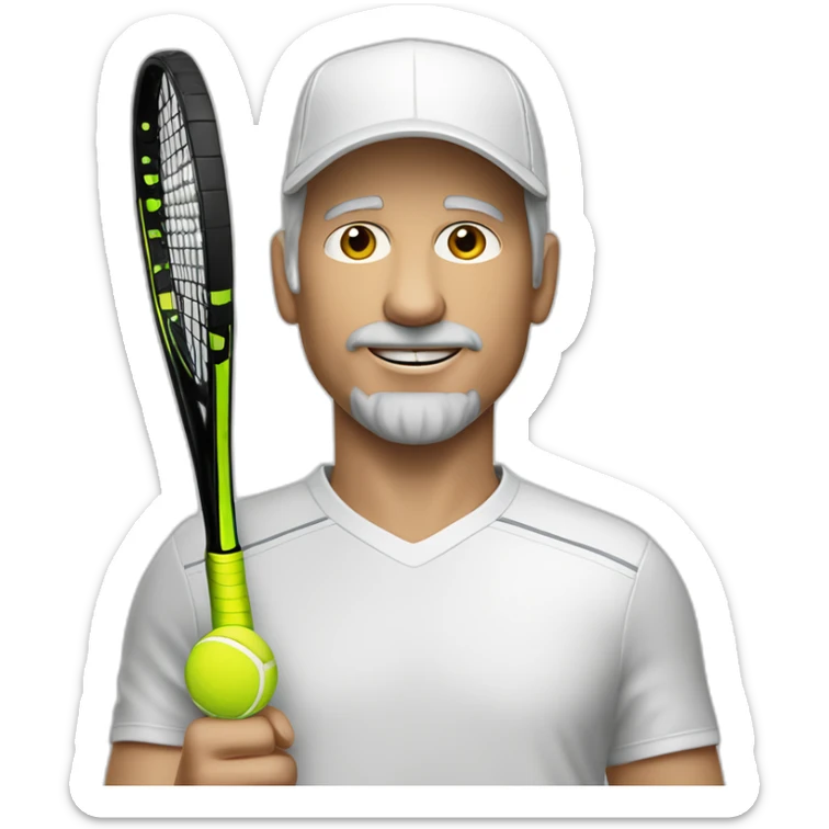 Tennisplayer white male in his 50s, gray hear, white cap with tennis raquet and tennis ball sticker