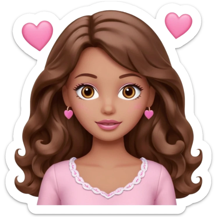 Barbie girl brown long wavy hair and brown eyes is In pale pink clothes There are pink hearts all around sticker