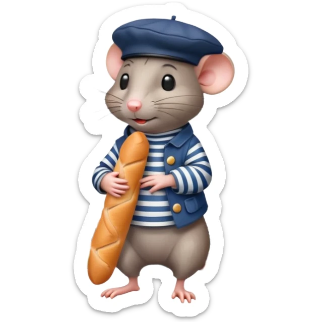 Rat wearing a beret and striped shirt holding a baguette with Eiffel Tower in background sticker