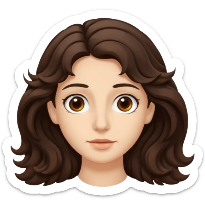 Meduim tone fair skin , brown wide eyes , thick dark brown hair wavy , greek nose ,  sticker