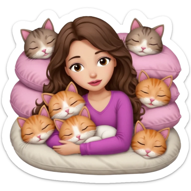 girl with long wavy brown hair, brown eyes, long lashes makeup, sexy pink lips, light to medium complexion,  sleeping on a cozy pillow, with 6 cats, sleeping sticker