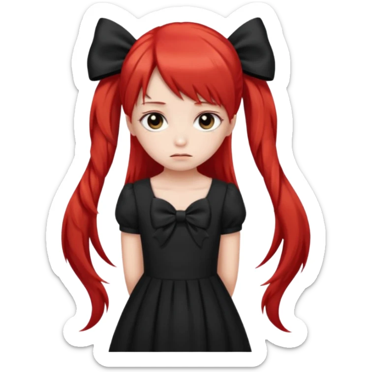 red long twin tail hair girl with black bow on her hair wearing black dress with a sad face sticker