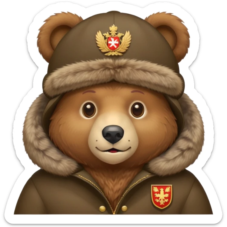 Cute brown bear in Russian fur ushanka hat with coat of arms pin, front view, iOS emoji style sticker