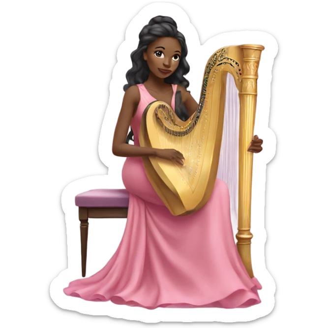 Pretty black women with long hair in a silk pink dress playing the harp sitting down sticker