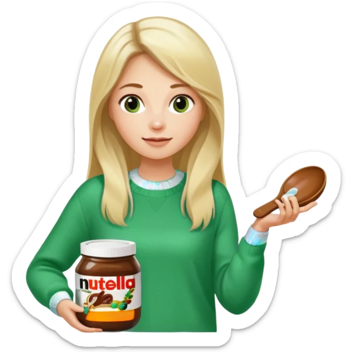 Blond woman with white and green pullover holds in one hand a big carriage of Nutella and in the other hand a oversized spoon which is inside the jar of Nutella. Her hair is long. And the Nutella jar is very big sticker