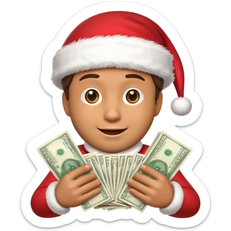 A confident rich emoji face wearing a Santa hat, money stacks, casino vibe, New Year theme, premium 3D emoji style, sharp details, no text, isolated on transparent background sticker