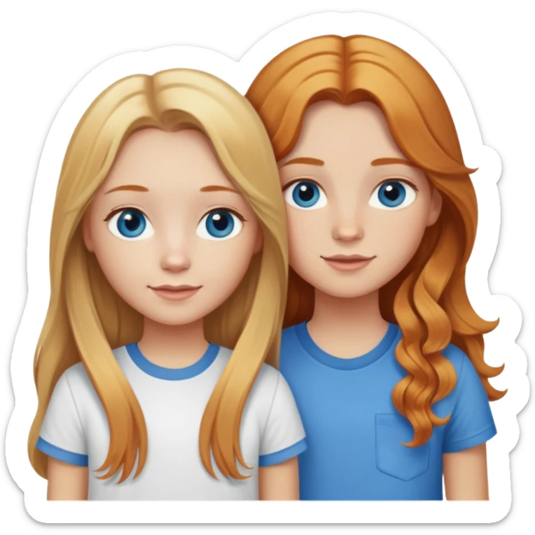 Best friends with cute shirts. Girl 1: blonde girl long straight hair with hazel eyes and girl 2: with long wavy ginger with blue eyes sticker