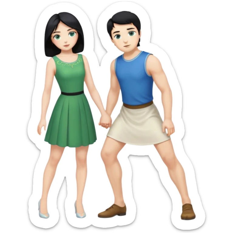 2 Person, King, upright, black Hair, blue eyes, whole body, Woman, blonde Hair, Green eyes, bending knee, sleveless White Dress, sticker