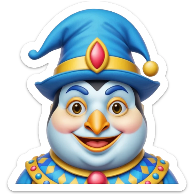 crazy colorful fat penguin jolly joker, medieval, vintage, court jester, mac os icon, blue color sticker