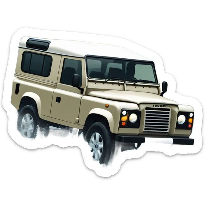 A four-wheel drive Land Rover crossing a shallow river in a rainforest, with trees in the background and splashing water, representing versatility and strength. sticker