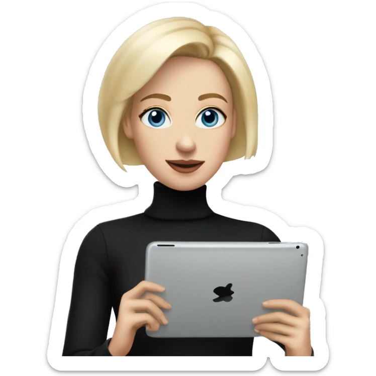 women with short blond hair, blue eyes wearing black turtleneck, holding and ipad sticker
