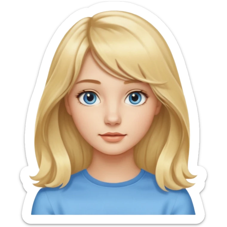 jeune femme de 20 ans, blonde avec une raie au milieu et une frange rideau encadrant le visage. Cheveux longs, lisses sur le haut et légèrement ondulés avec de belles boucles souples sur les pointes. Yeux bleus clairs lumineux, regard doux et naturel. Teint frais et peau lumineuse. sticker