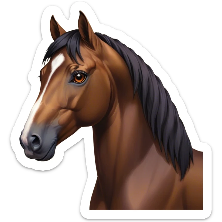 Cinematic Noble Bay Horse Portrait Emoji, Poised and regal, with a strong, athletic build and a rich, well-groomed bay fur accented by a dark mane and tail, deep-set soulful amber eyes, Simplified yet sharp and sophisticated features, highly detailed, glowing with a warm, dignified glow, high shine, intelligent and majestic, stylized with an air of equine elegance, focused and attentive, soft glowing outline, capturing the essence of a watchful and confident steed, so majestic it feels as though it could gallop out of the screen with effortless authority! sticker