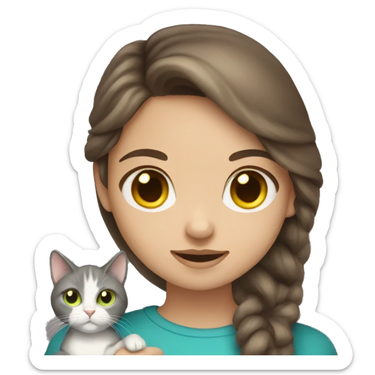 Brown hair girl with blue eyes holding a gray cat with yellow green eyes sticker