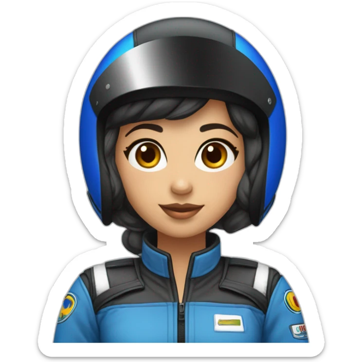 Piloto mulher de kart morena com macacão da cor preto com detalhe azul escuro e capacete cor branca com detalhe azul escuro sticker