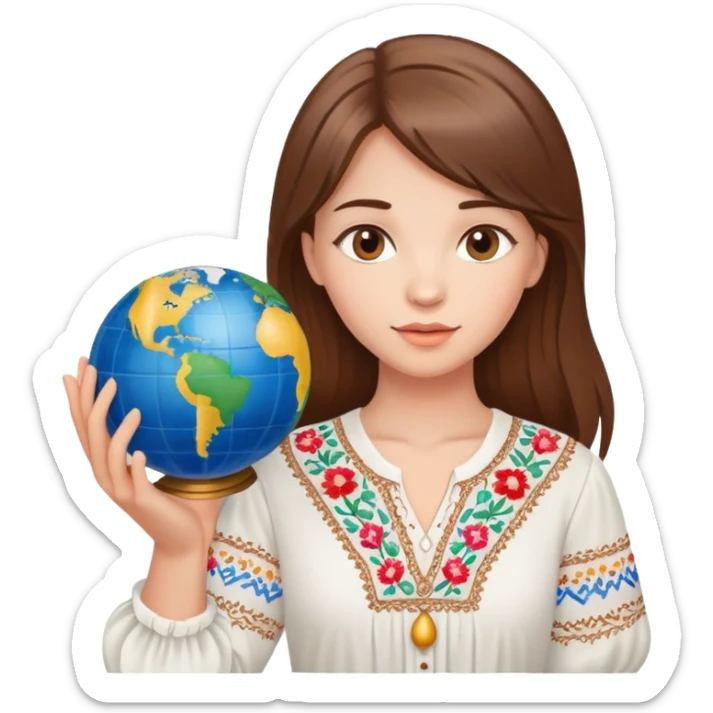 Beautiful young girl with brown hair wearing a white Ukrainian embroidered shirt holding a globe in her hand sticker