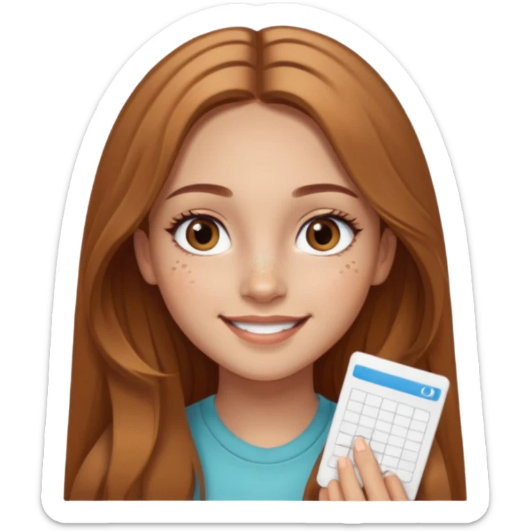 Girl with pretty long light brown hair in a middle part and light brown eyes smiling with a few freckles and beauty mark by her check and by her eye on the other side and very long eyelashes and big wide ish eyes  sticker