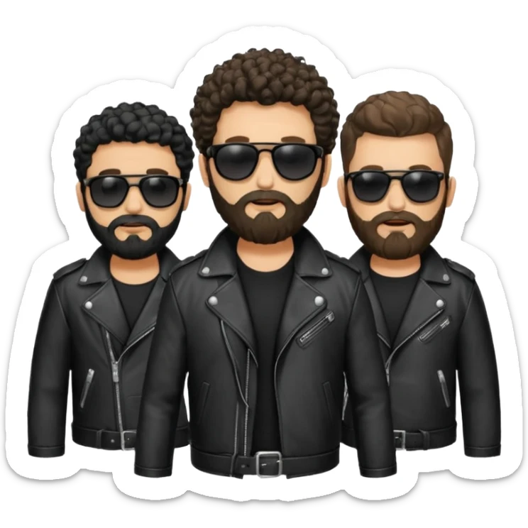 biker gang with black sunglass and rugged and bulky guy bearded curly hair black jacket sticker