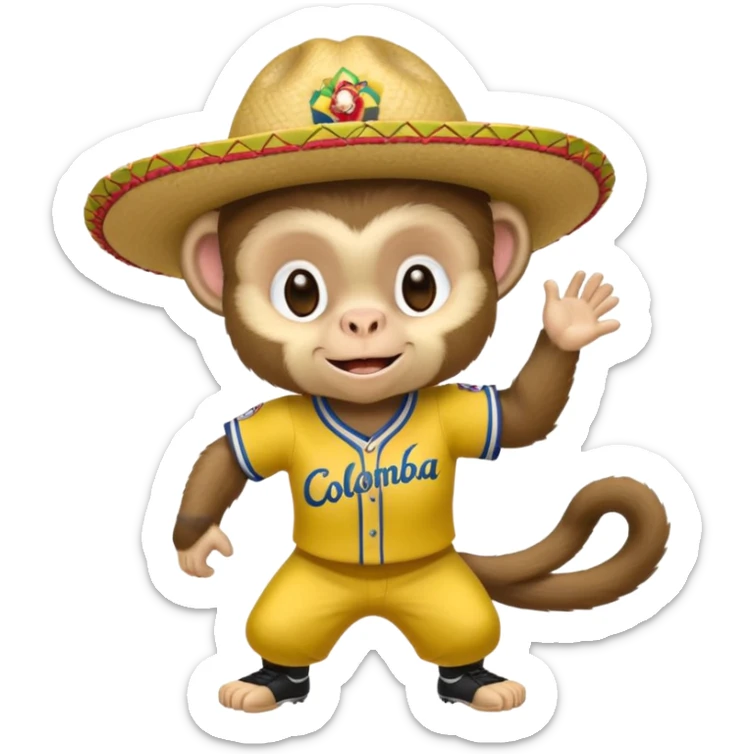 Crear una mascota que sea un mono capuchino sobre el cual predomine el color café, cara clara y expresiva, alegre, atlético, que lleve uniforme de softbol que diga Colombia, con un sombrero vueltiao' un poco inclinado que se vea personalizado con el nombre YAIFER sticker