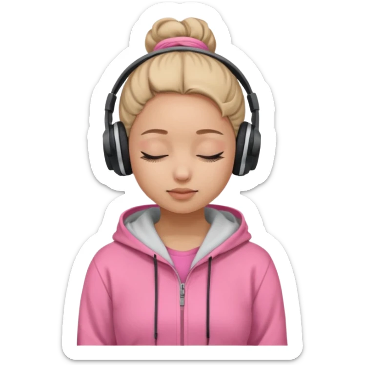 girl wearing headphones with a bun, light-light skin, pink hoodie and closed eyes. no makeup  sticker