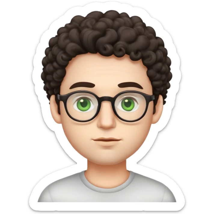 young male emoji with wide face, fuller lips, very poofy voluminous dark slightly curly hair, big ears, pale skin, glasses, green eyes set wider apart, very light stubble sticker