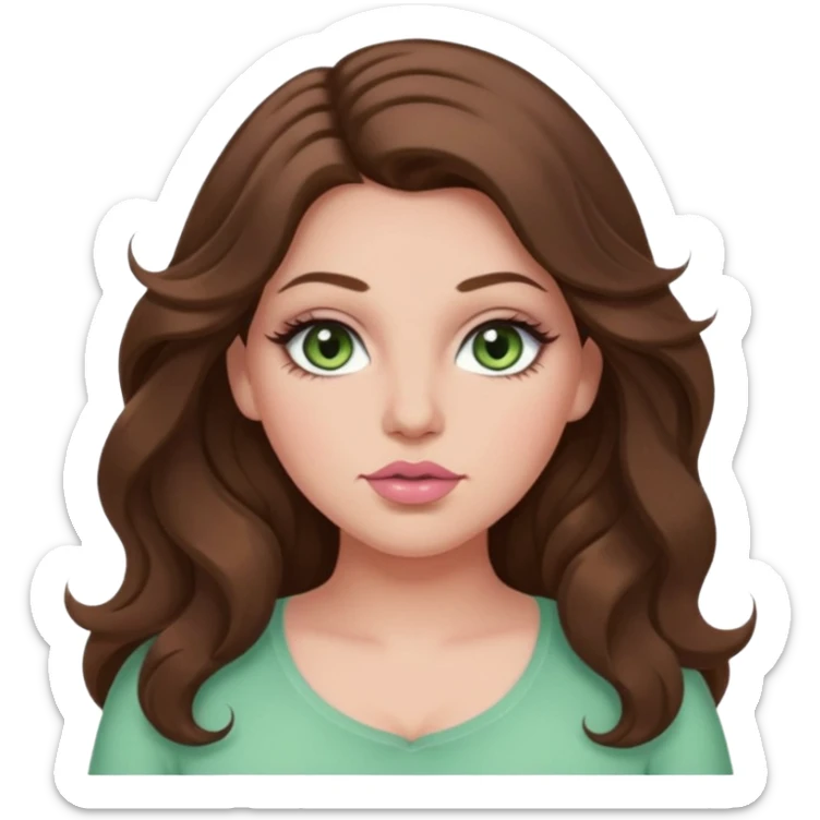 Girl girl long wavy brown hair, pale green eyes, plus size, thick eyelashes, tan skin, pale pink lips sticker