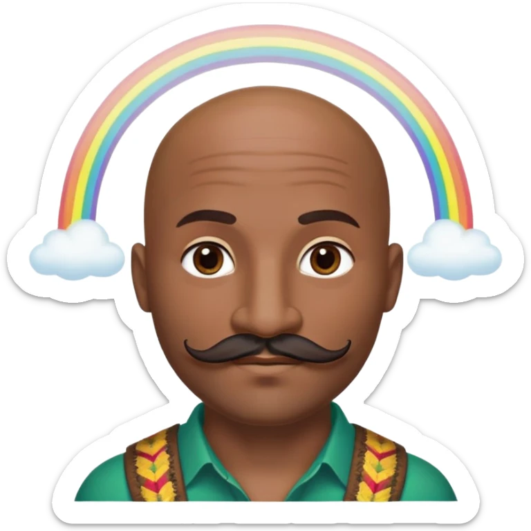 Oxumarê as a happy 37-year-old bald man with very dark skin tone, smooth oval head, indigenous facial features, mustache with circular beard only on chin (no hair on sides), a round mole on the right side below the lip, accompanied by a rainbow serpent, Memoji style sticker