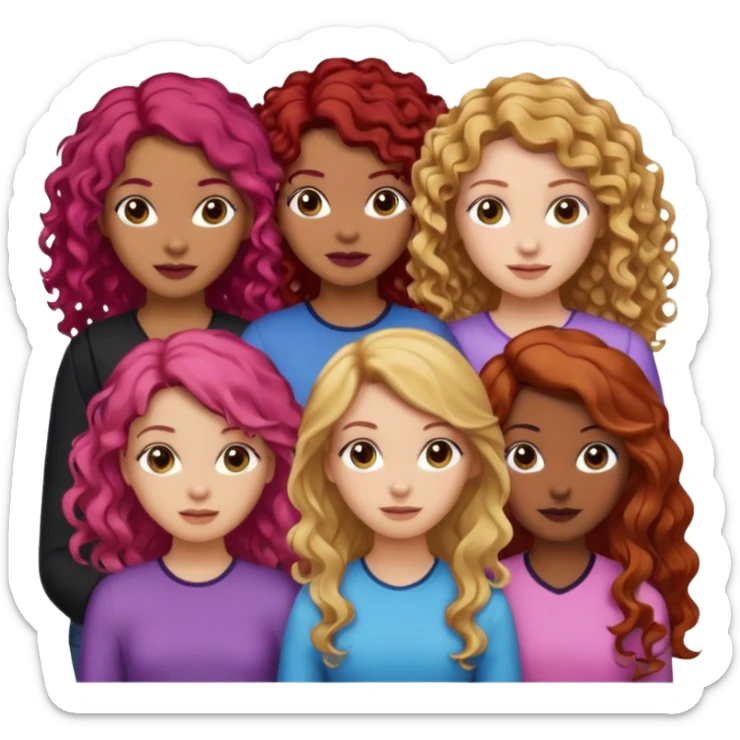 5 girlsone curly redhead, one with brunette dyed blonde hair, one long haired wavy brunette, one mid-length haired brunette, and one black haired girl with partially dyed bright red/pink hair sticker